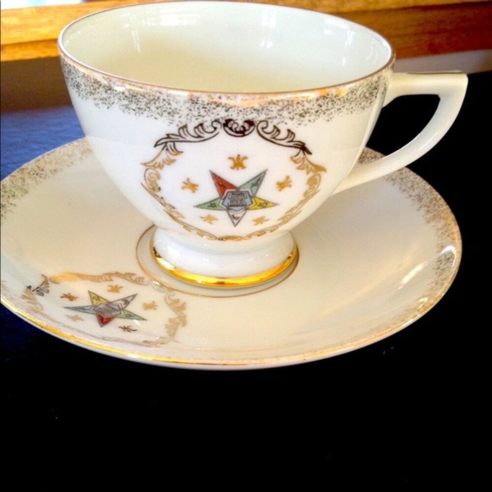 Vintage Eastern Star Teacup & Saucer Set With Gold Trim And Symbolic Design